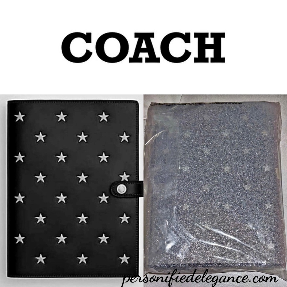 NEW Coach Silver Star Studded Refined Smooth Leather Black Notebook Journal